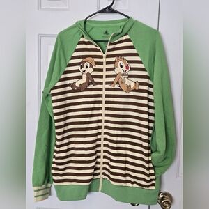 Disney Chip Dale Green Hoodie Stripes Pockets Size M